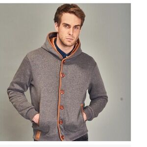 Wantdo Mens Grey Button Front Hoodie‎ Faux Suede Elbow Patches And Trim Size M